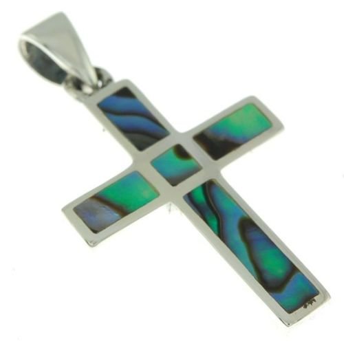 Christian Cross Pendant in Abalone Color + 925 Silver Necklace