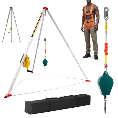 Confined Space Tripod Kit with 1800 lbs Lifting Winch, 7'Adjustable Legs| Steel Rescue Tripod Hoist| Self-Locking Device | Fall Arreste | 98.4ft Steel Wire(1800 lbs)