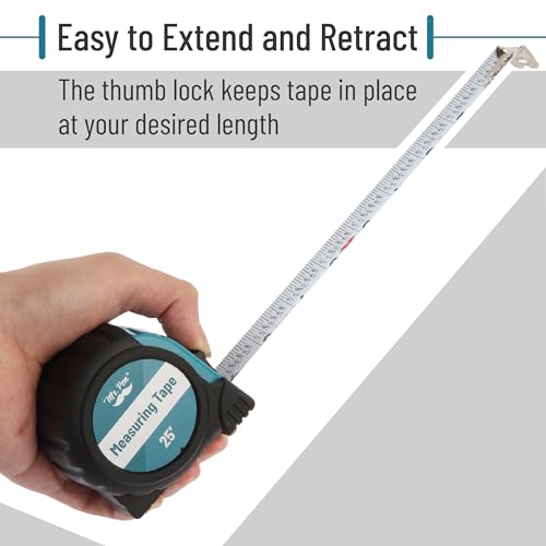 Image of Mr. Pen 25-Foot Steel Retractable Tape Measure with Fractions, Easy Read - Teal /Black