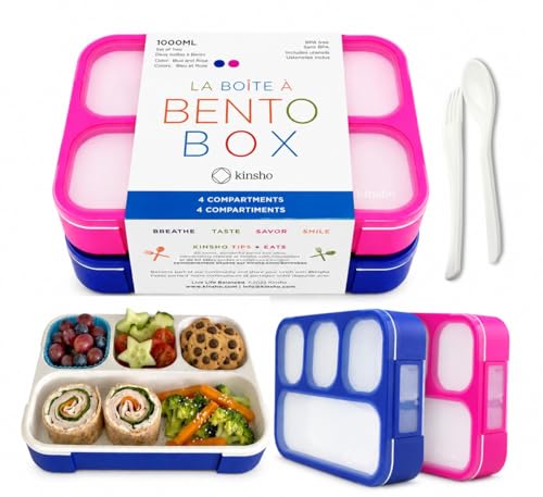 Image of kinsho Bento Lunch Box for Kids Adults, 4 Sealed Divided Compartments, Portion Control Meal or Snack Containers for Boys Girls Women Men, School Work BPA Free with Utensils, Blue + Rose Pink 2 Pack