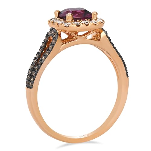 LE VIAN 2/5 Carat White and Chocolate Diamond Halo Ring for Women with 1 Carat Cushion Cut Rhodolite | 14k Rose Gold Split Shank Ring for Her (White, Brown, 0.44 cttw) Engagement Band Size 6 to 82