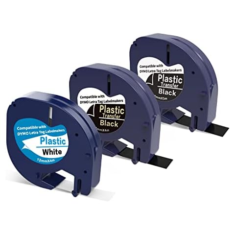 3 x Plastic Label Tape Replacement for Dymo LetraTag Tape 12 mm Black on White / White & Gold on Black Compatible with Dymo Label Maker Refills LT-110T 100H QX 50 XR XM 2000 Cover