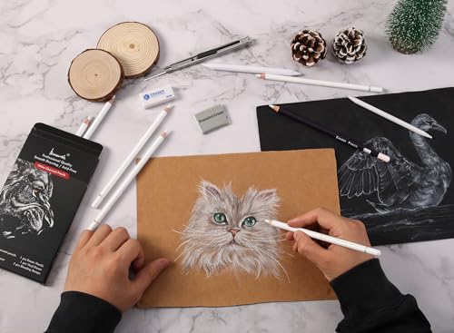 Brusarth White Charcoal Pencils Set - 12 Piece Sketch Highlight White Pencils Set for Drawing, Sketching, Shading, Blending, Artist Pencils for Artists, Professionals or Beginners