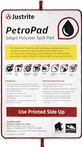 Image of Justrite PetroPad 11.7 Gallon Capacity Oil Absorbent Pads, 85 inch x 53 inch, Eco-Friendly Washable and Reusable Absorbent Oil Mat for Indoor and Outdoor Use, XX-Large, 83990