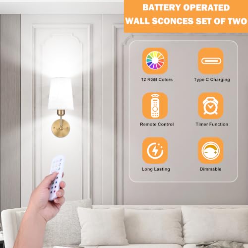 Image of Battery Operated Wall Sconce Set of Two,Modern Gold Rechargeable Wall Lights with RGB Bulb and Remote Control, 270Rotation Dimmable Battery Powered Wireless Wall lamps for Bedroom Living Room