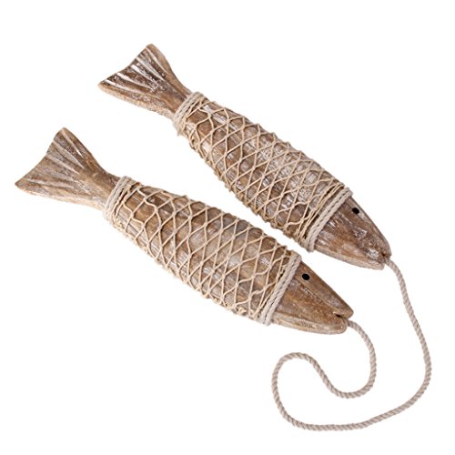 Chaîne de 2 Poissons Marins en Bois Art Décoration Murale Suspendu Style de Plage S