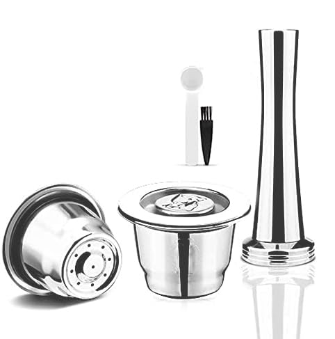 MG Coffee Refillable capsules Fit for Nespresso refillable capsule reusable in Stainless Steel Coffee Capsules Compatible with Nespresso Machines (Silver round capsule+Tamper)