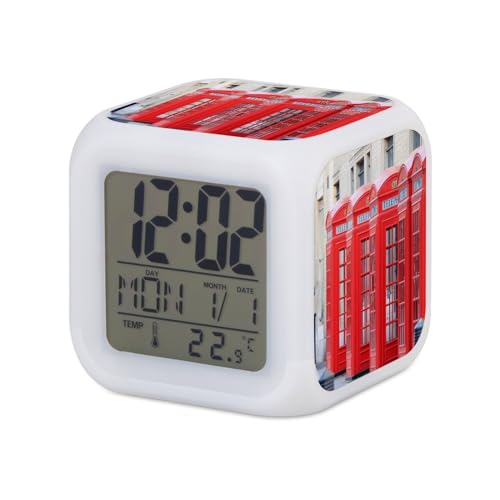 Fabulous Réveil Cube Lumineux Blanc - Cabines Telephoniques Rouges Londres Angleterre - 7,8 x 7,8 x 7,8 cm - Retro Éclairage Multicolore LED