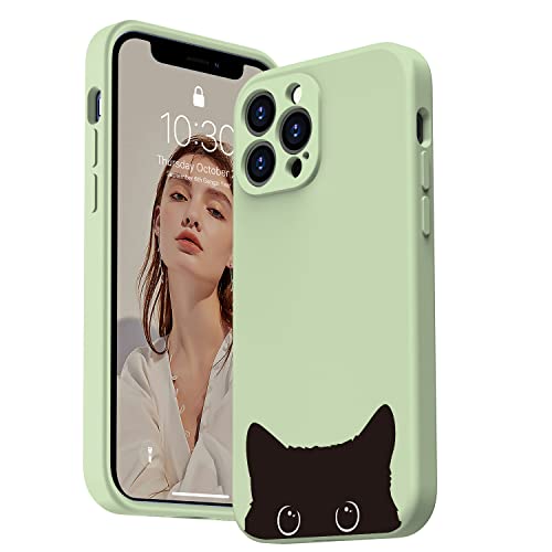 Inber iPhone 14 Pro Case with Fashionable Cute Designs for Women and Girls,Silicone Gel Cover with Camera Lens Protector Protective Phone Case for iPhone 14 Pro 6.1" Tea Green w/Cat