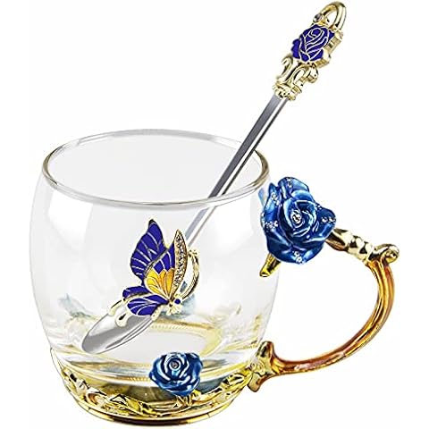 LIERKISS Flower Tea Cup,Enamels Butterfly Flower Lead-Free Glass Coffee Mugs Tea Cup with Steel Spoon Set, Personalised Gifts for Women Mum Teacher Sister Birthday Christmas Valentines Wedding Day Cover