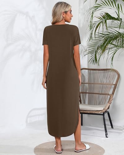 Image of Riyiper 2 Pieces Women's Short Sleeve Maxi Dress Round Neck Casual Loose Split Long Summer Beach Shirt Dress with Pockets