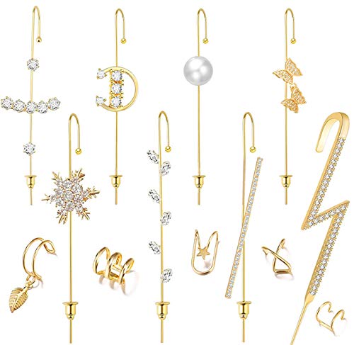 13 Pcs Ear Wrap Crawler Hook Earrings Gold Sparking Cubic Zirconia Earcuffs Gold Siver Climber Piercing Ear Cartilage Earrings for Women Girls