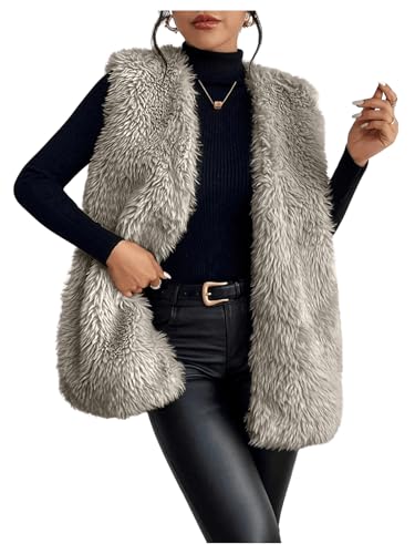 Verdusa Women's Fuzzy Faux Fur Sleeveless Vest Teddy Coats Open Front Plush Waistcoat Outerwear Mocha Brown Small
