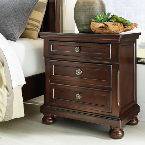 Image of Signature Design by Ashley Porter Traditional Wood Nightstand, Brown | Veneers, wood and engineered wood, 2 smooth-operating drawers, Hidden pull-out tray, Felt bottom, Bun feet
