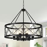 21.65'' Farmhouse Chandeliers for Dining Room, 6-Light Black Rustic Chandelier Foyer Lighting Fixtures, Modern Drum Chandelier Adjustable Hanging Light Fixture for Kitchen Entryway Bedroom Hallway