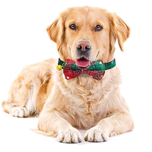 Image of 2 Pack /Set Christmas Snowflake Dog Collars Breakaway with Bow Tie and Bells for Cat and Small /Medium /Large Pets, Red & Green (M(11.8''-17.8''), Red+Green)