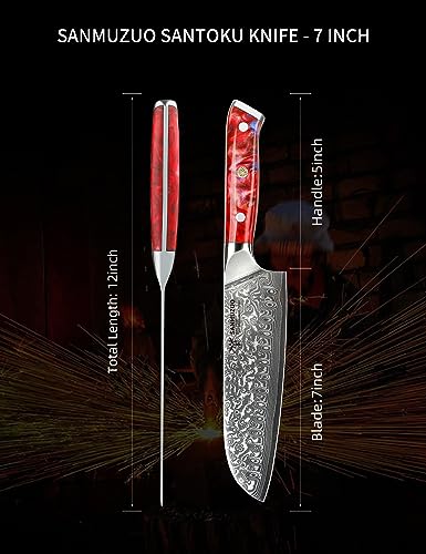 SANMUZUO Santoku Knife - 7 inch - Xuan Series - VG10 Damascus Steel Kitchen Knife - Resin Handle (Sunset Red) by SANMUZUO - Image 8