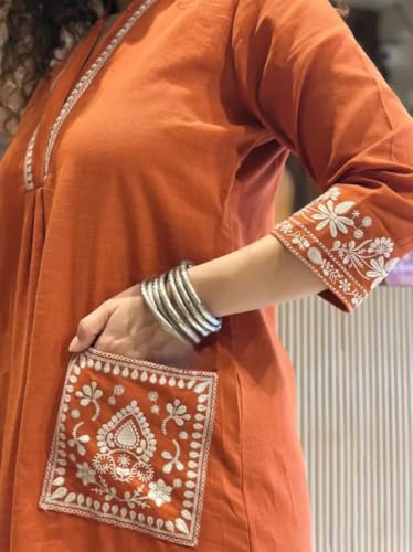 Image of Womens Cotton Slub 3 /4 Sleeves V Neck Co-Ord Set Featuring Floral Print Design On The Hem of The Sleeves and On The Pockets 2 Piece Ethnic Wear