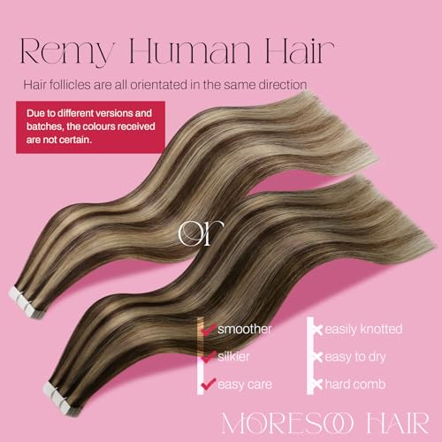 Image of Moresoo Tape in Hair Extensions Brown Highlighted with Blonde Real Hair Tape in Human Hair Extensions 18 Inch Glue in Extensions Real Human Hair Remy Straight #P4 /27 20pcs 50g