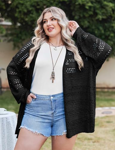 Image of IN'VOLAND Womens Plus Size Crochet Cardigan Lightweight Long Sleeve Open Front Oversized Boho Sweaters Kimonos