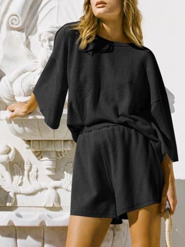 Image of Tankaneo Womens Short Sets 2 Piece Outfits 3 /4 Sleeve Tops and Elastic Waist Shorts Lounge Set Casual Loungewear