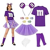 Crunier 25 Pièces Costumes M&M pour Femmes,Costume Carnaval Femme,avec T-shirt,Jupe en Tulle,Bandeau,Guêtres,Gants et Ecussons Brodés en Forme de M,Idéal pour Carnavals,Mascarade,Jeu de Rôle (Violet)