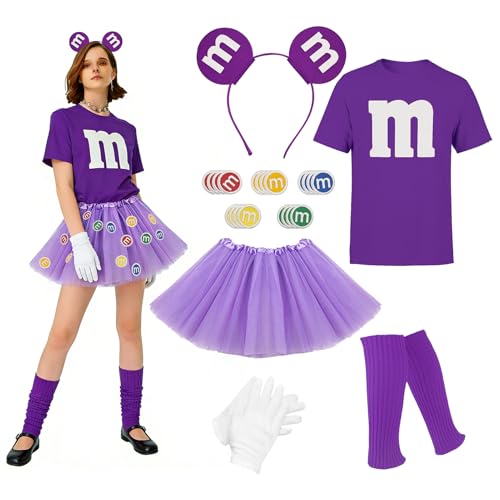 Crunier 25 Pièces Costumes M&M pour Femmes,Costume Carnaval Femme,avec T-shirt,Jupe en Tulle,Bandeau,Guêtres,Gants et Ecussons Brodés en Forme de M,Idéal pour Carnavals,Mascarade,Jeu de Rôle (Violet)