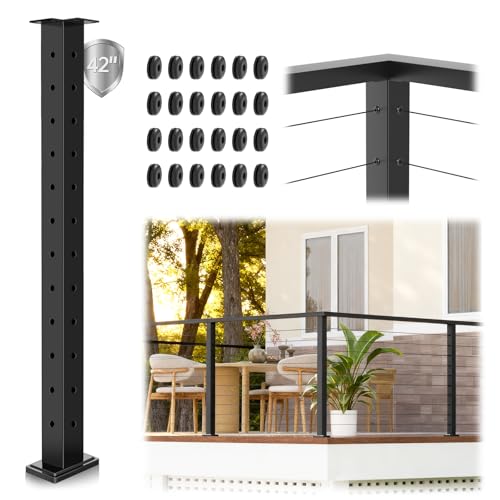 Image of 42 inch L-Drilled Corner Cable Railing Post, Two-Side Holes Stainless Steel T304 Corner Rail Post, Upgraded Black One-Post Corner Solution, Wire Metal Post for Indoor Outdoor Corner Railing