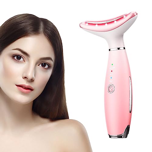 SMERPHOX Anti Wrinkles Face Neck Massager, Vibration Facial Lifting Massage Device with Heat, 4-in-1 Double Chin Reducer Tools, Anti Aging, Improve, Firm, Tightening and Smooth (Pink)