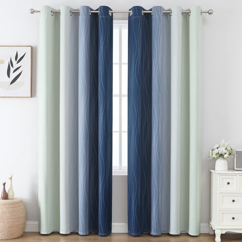 Estelar Textiler Sage Green and Navy Blue Gradient Blackout Curtains for Bedroom 96 Inch Length 2 Panels Set, Thermal Insulated Ombre Drapes, Full Light Blocking Curtains for Living Room,52Wx96L