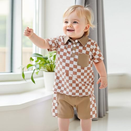 Karuedoo Toddler Baby Boy Summer Outfits Checkered Button Down Short Sleeve Pocket Collared Shirt and Shorts 2Pcs Clothes Set4