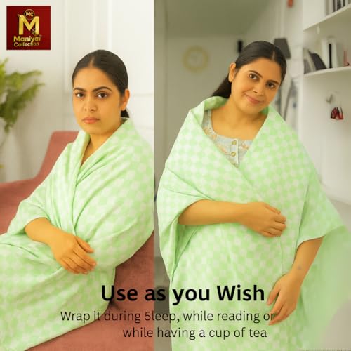 Image of Handloom Bhagalpuri Cotton Silk Mix Dull Andi 3D Checked Chadar - Soft Grey Comforter & Odhnewali Blanket for All-Season Sleeping - (220x125cm - Size) (Green)