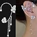 Butterfly Tassel Style Zircon Earrings Shiny Ear Cuff Earrings for Women Non Piercing Butterfly Flower Tassel Wrap-Around Clip-On Earrings Fashion Star Cuff Earring Chain for Women Teen Star Crawler Earring Wrap Earrings(one) (Silver Left Ear)
