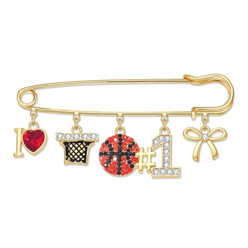 Basketball Theme Charm Safety Pin Brooch Enamel Rhinestone Metal Large Lapel Pin Jewelry Accessories Game Day Sports Basketball Mom Athlete Fan Gifts