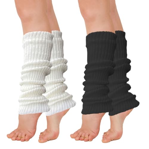 AWAVM 2 Pairs Leg Warmers, 40cm Winter Knit Ribbed Leg Warmers for Women Girls Yoga Ballet Dance Ice Skating Accessories, Black And White