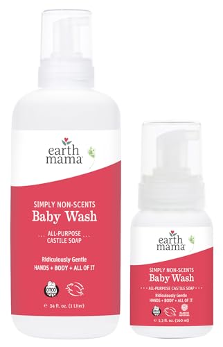 Image of Earth Mama Simply Non-Scents Baby Wash Foaming Hand Soap Refill, Organic All-Purpose Body Wash for Sensitive Skin, Castile Soap with Coconut Oil, Shea Butter, Calendula, & Aloe, 5.3floz & Liter Refill
