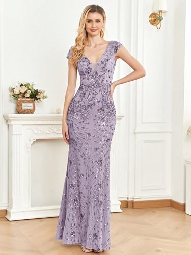 Image of Womens Sequined Long Evening Gown Glamous Sleeveless V-Neck Mermaid Prom Dress for Wedding Party Club Occasions