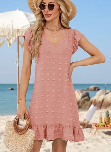 Image of QACOHU Spring Summer Dresses for Women 2026 V Neck Cap Sleeve Ruffle Hem Smock Short Casual Beach Dress