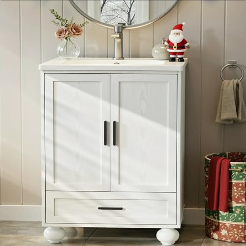 Discover the Best Vanity for Small Bathroom: Top 10 Picks 6 LIKIMIO 24' Bathroom Vanity with Sink, Single Ceramic Basin Bathroom Sink Cabinet with Solid Wood Legs, Adjustable Shelf, 2 Doors, 1 Drawer, Freestanding Wooden Bathroom Cabinet with Sink Combo, White