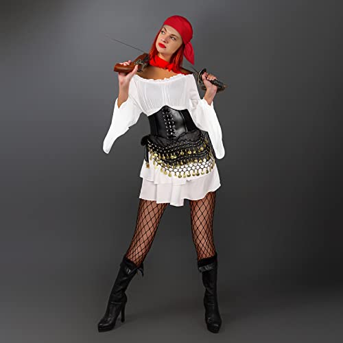 Crowye 5 peças de fantasia de pirata feminina, ombro de fora, vestido de manga comprida, cinto na ci