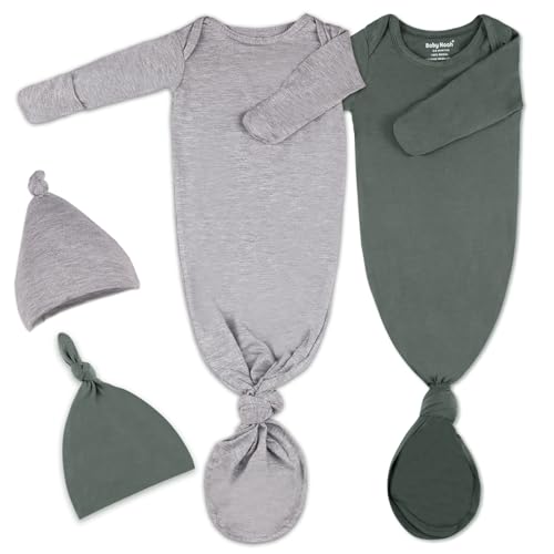 Image of 2Pk Newborn Baby Knotted Gown, Super Soft Silky Infant Long Sleeve Sleeper for Baby Sleeping with Hat Dark Gray&light Grey(2 Packs 0-3 Months)