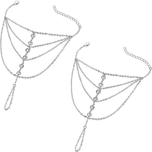 Suyi Finger Ring Bracelet Hand Harness Chain Bracelet Rhinestone Gifts for Women Silver 10CM/3.9IN 2 Pieces