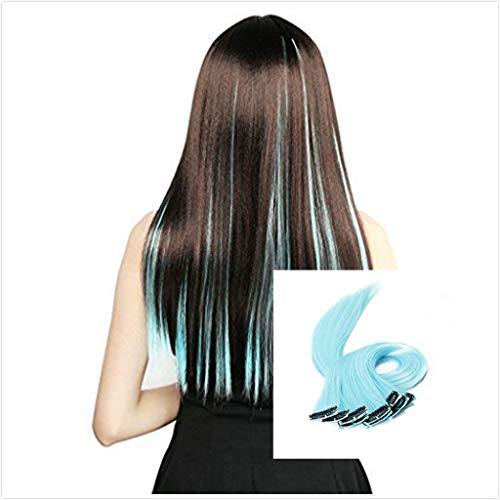 10pcs Colored Highlight Synthetic Clip in Hair Extensions 20-22" Straight Fashion Hairpieces for Party Highlights Multi-Color (Light blue)
