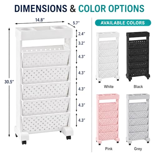 Image of BYFU Plastic 6-Tiered Shelf Rolling Bookshelf, Multi-Functional Storage Rolling File Cart with Lockable Casters for Office Tabletop, Floor Standing Kitchen Classroom Organization and Storage, White