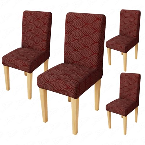 Image of Lukzer Elastic Dining Chair Cover - 4PC Pastel Deep Maroon Leaf Trail | Textured High Stretch Jacquard Seat Cover | Removable Washable Short Dining Chair Cover Protector Seat Slipcover | (CC-130-04)