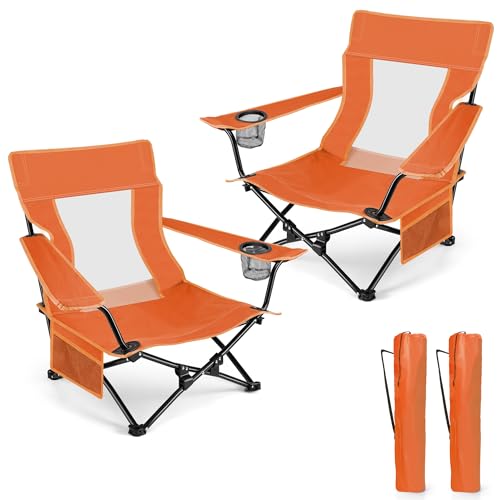 Image of HaSteeL Folding Beach Chair Set of 2, Foldable Orange Camping Chairs for Outside, Low Beach Chair Portable for Adults Fishing, Picnic, Outdoor BBQ, Travel, Sports, Cup Holder & Storage Bag