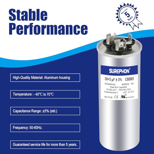 SUREPHON 30+5 uF 30/5 MFD ±5% 370V/440VAC Dual Run Start Capacitor CBB65B Works for AC Unit Fan Motor Start or Heat Pump or Condenser Straight Cool - Thumbnail 3