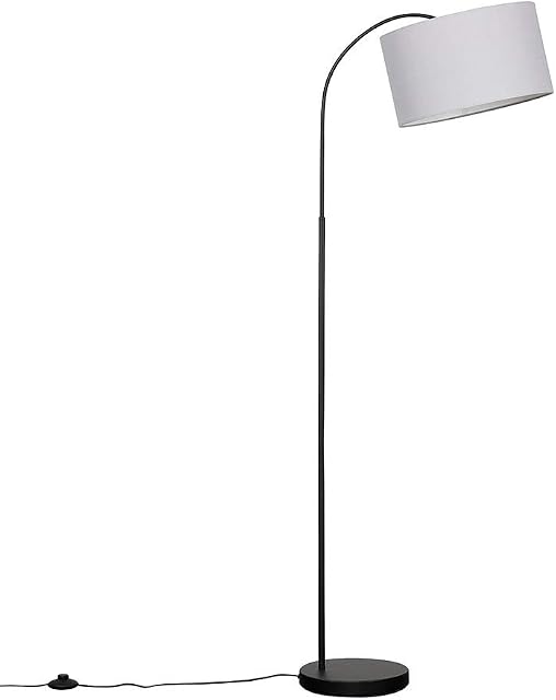 Modern Designer Style Black Curved Stem Floor Lamp with a Grey Drum Shade