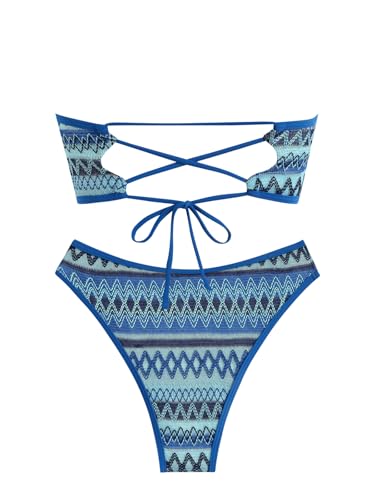 Image of ZAFUL Women Strapless Textured Bandeau Bikini 2 Piece Swimwear Cheeky Solid Lace up Bathing Suits