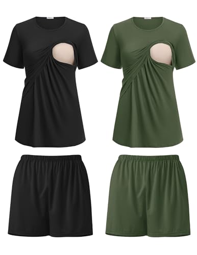 Image of Ekouaer 2 Pack Women's Nursing Pajamas Set Double Layer Maternity Pjs Postpartum Loungewear Set Breastfeeding Tops & Shorts